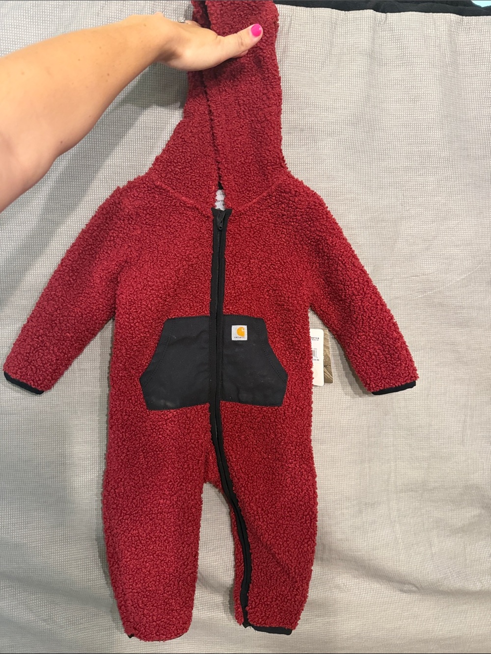Carhartt Red Sherpa Hooded Kids One-Piece with Black Pocket